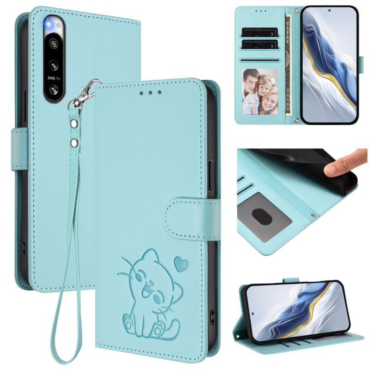 Embossed Heart Cat Leather Phone Case with Hand Strap, For Sony Xperia 5 IV, For Sony Xperia 10 IV