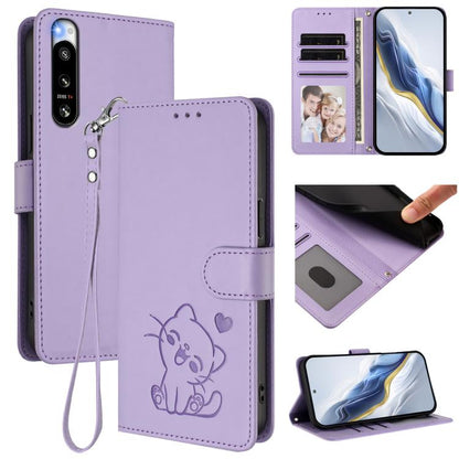 Embossed Heart Cat Leather Phone Case with Hand Strap, For Sony Xperia 5 IV, For Sony Xperia 10 IV
