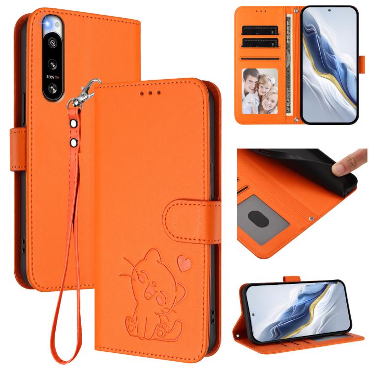 Embossed Heart Cat Leather Phone Case with Hand Strap, For Sony Xperia 5 IV, For Sony Xperia 10 IV