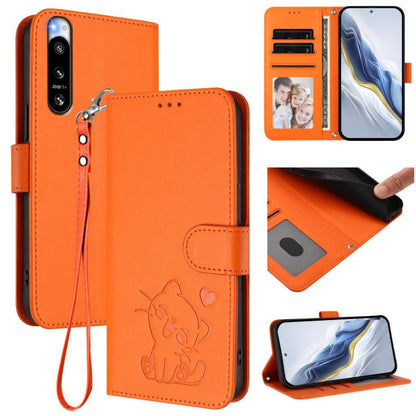 Embossed Heart Cat Leather Phone Case with Hand Strap, For Sony Xperia 5 IV, For Sony Xperia 10 IV