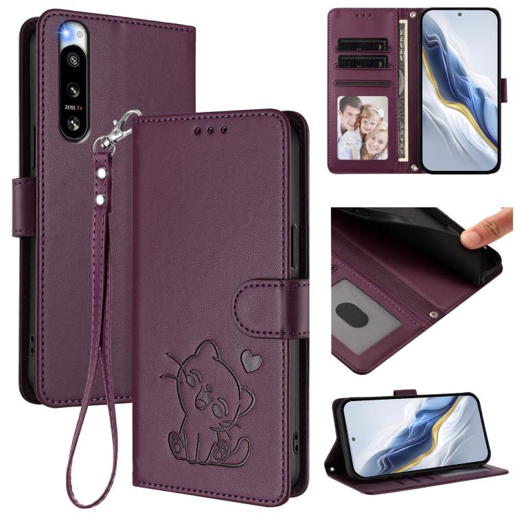 Embossed Heart Cat Leather Phone Case with Hand Strap, For Sony Xperia 5 IV, For Sony Xperia 10 IV