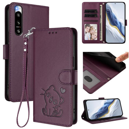 Embossed Heart Cat Leather Phone Case with Hand Strap, For Sony Xperia 5 IV, For Sony Xperia 10 IV