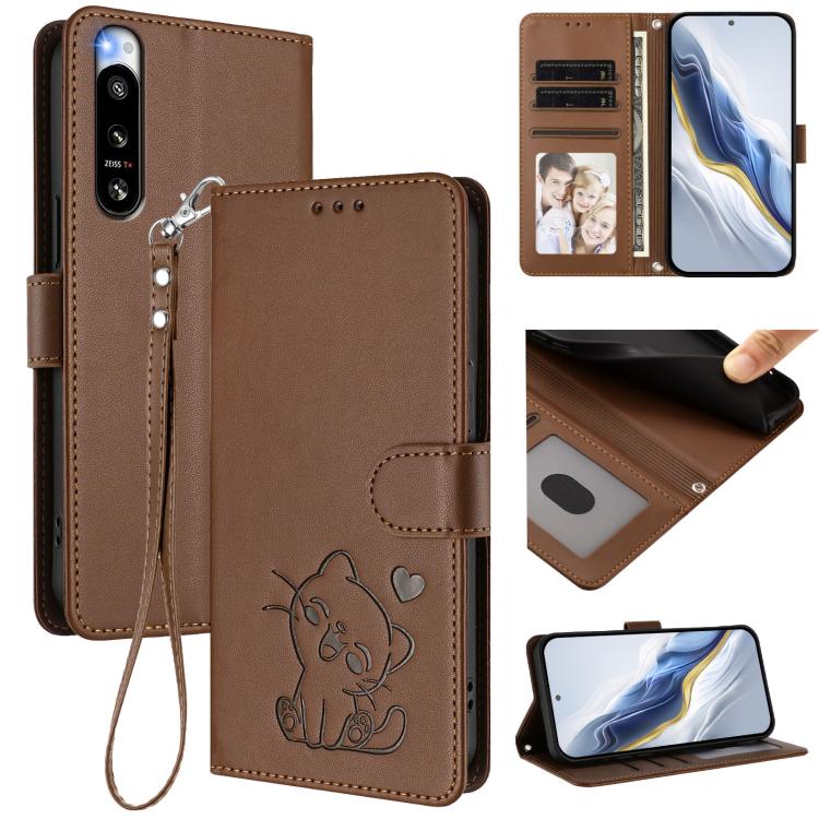 Embossed Heart Cat Leather Phone Case with Hand Strap, For Sony Xperia 5 IV, For Sony Xperia 10 IV