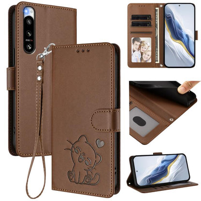 Embossed Heart Cat Leather Phone Case with Hand Strap, For Sony Xperia 5 IV, For Sony Xperia 10 IV