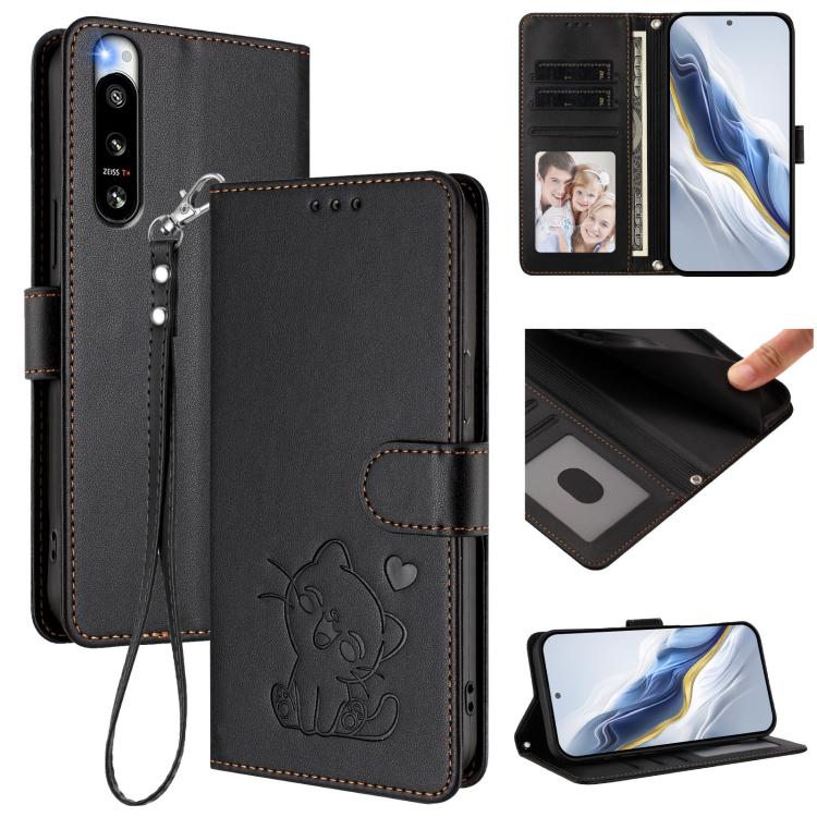 Embossed Heart Cat Leather Phone Case with Hand Strap, For Sony Xperia 5 IV, For Sony Xperia 10 IV