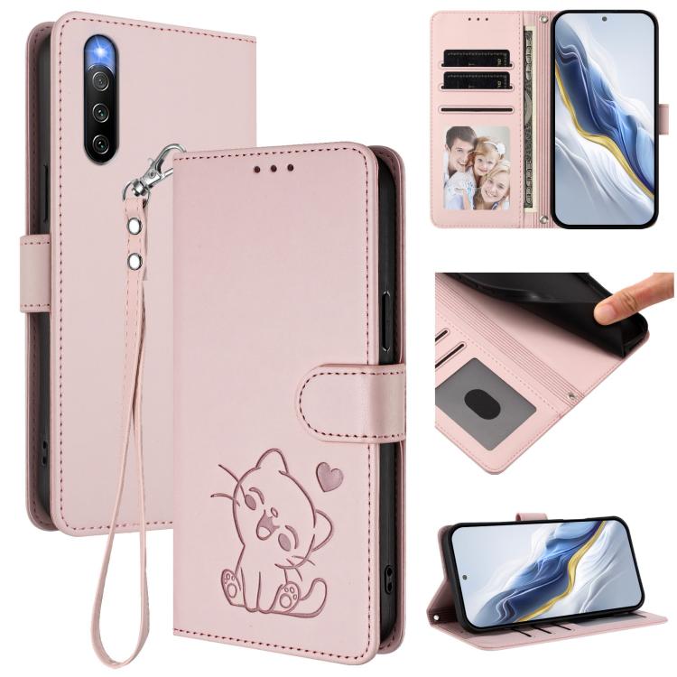 Embossed Heart Cat Leather Phone Case with Hand Strap, For Sony Xperia 5 IV, For Sony Xperia 10 IV