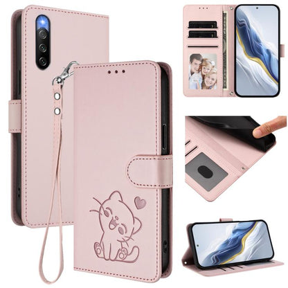Embossed Heart Cat Leather Phone Case with Hand Strap, For Sony Xperia 5 IV, For Sony Xperia 10 IV