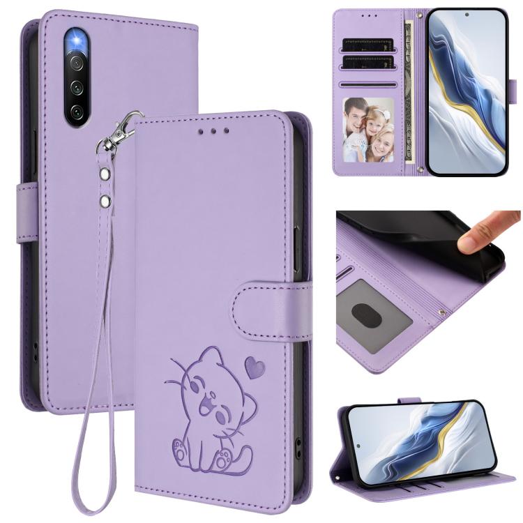 Embossed Heart Cat Leather Phone Case with Hand Strap, For Sony Xperia 5 IV, For Sony Xperia 10 IV