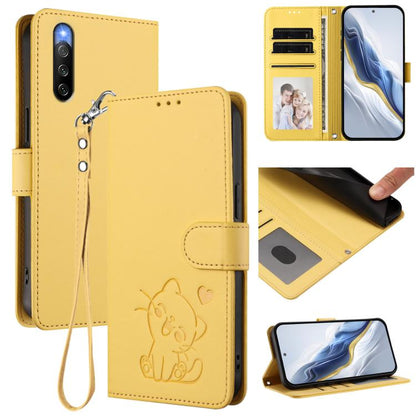 Embossed Heart Cat Leather Phone Case with Hand Strap, For Sony Xperia 5 IV, For Sony Xperia 10 IV