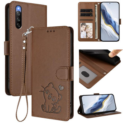 Embossed Heart Cat Leather Phone Case with Hand Strap, For Sony Xperia 5 IV, For Sony Xperia 10 IV