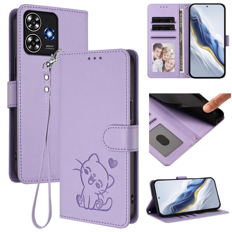 Embossed Heart Cat Leather Phone Case with Hand Strap, For ZTE Blade A75 4G, For ZTE Blade A35 / A55, For ZTE nubia Focus Pro 5G, For ZTE nubia Z60 Ultra, For ZTE Blade A73 5G, For ZTE Blade A73 4G, For ZTE Blade V50 Vita, For ZTE Blade A53 / A53+     ...