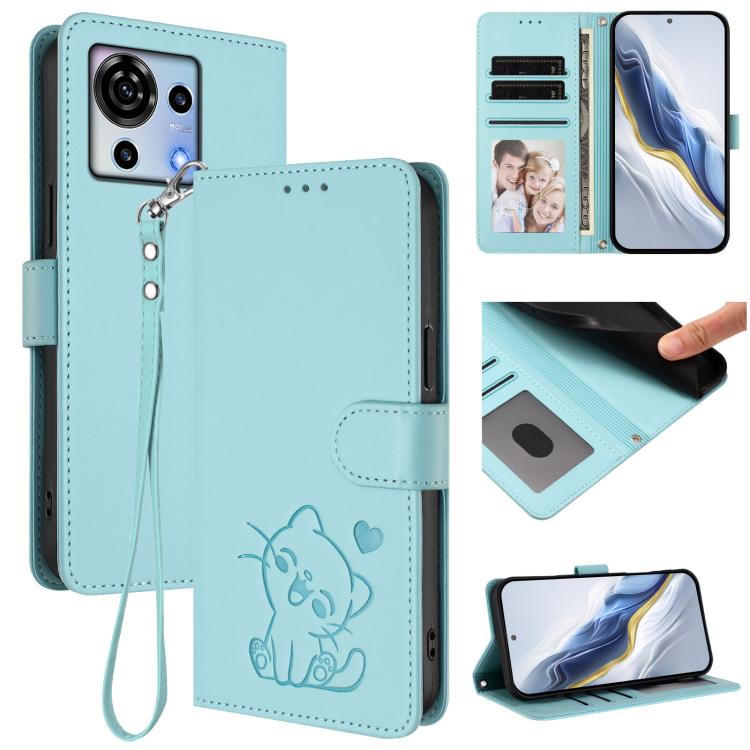 Embossed Heart Cat Leather Phone Case with Hand Strap, For ZTE Blade A75 4G, For ZTE Blade A35 / A55, For ZTE nubia Focus Pro 5G, For ZTE nubia Z60 Ultra, For ZTE Blade A73 5G, For ZTE Blade A73 4G, For ZTE Blade V50 Vita, For ZTE Blade A53 / A53+     ...