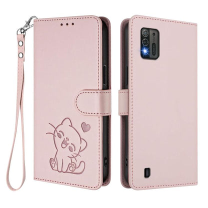 Embossed Heart Cat Leather Phone Case with Hand Strap, For ZTE Blade A52 Lite, For ZTE Blade V40s, For ZTE Blade A52