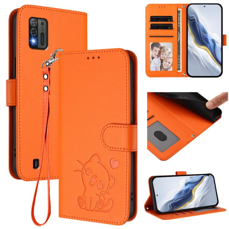 Embossed Heart Cat Leather Phone Case with Hand Strap, For ZTE Blade A52 Lite, For ZTE Blade V40s, For ZTE Blade A52