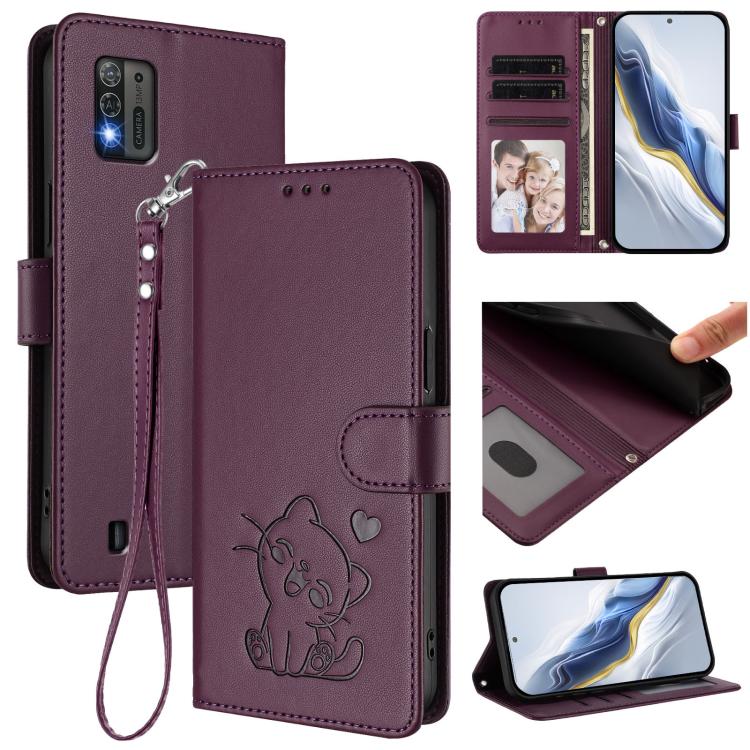 Embossed Heart Cat Leather Phone Case with Hand Strap, For ZTE Blade A52 Lite, For ZTE Blade V40s, For ZTE Blade A52