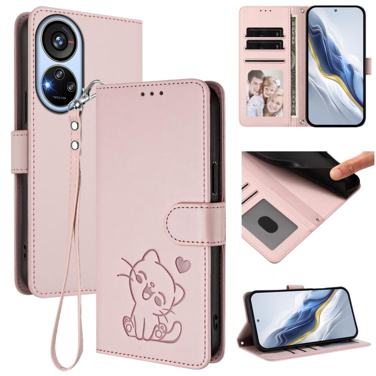 Embossed Heart Cat Leather Phone Case with Hand Strap, For ZTE Blade A52 Lite, For ZTE Blade V40s, For ZTE Blade A52