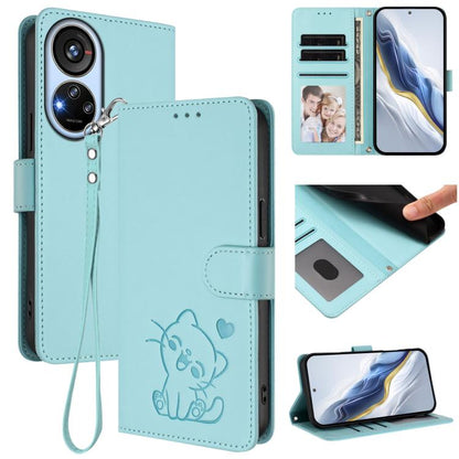 Embossed Heart Cat Leather Phone Case with Hand Strap, For ZTE Blade A52 Lite, For ZTE Blade V40s, For ZTE Blade A52