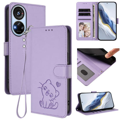 Embossed Heart Cat Leather Phone Case with Hand Strap, For ZTE Blade A52 Lite, For ZTE Blade V40s, For ZTE Blade A52