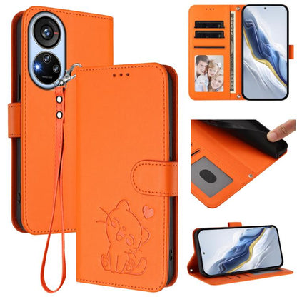 Embossed Heart Cat Leather Phone Case with Hand Strap, For ZTE Blade A52 Lite, For ZTE Blade V40s, For ZTE Blade A52