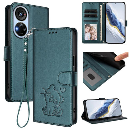Embossed Heart Cat Leather Phone Case with Hand Strap, For ZTE Blade A52 Lite, For ZTE Blade V40s, For ZTE Blade A52