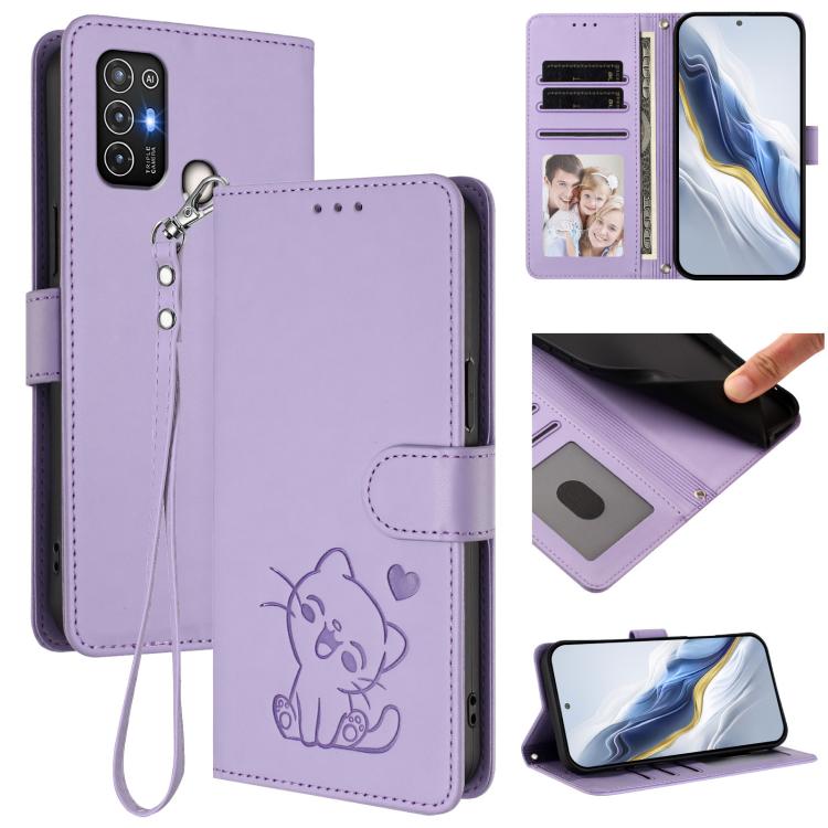 Embossed Heart Cat Leather Phone Case with Hand Strap, For ZTE Blade A52 Lite, For ZTE Blade V40s, For ZTE Blade A52