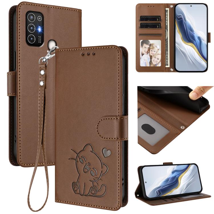 Embossed Heart Cat Leather Phone Case with Hand Strap, For ZTE Blade A52 Lite, For ZTE Blade V40s, For ZTE Blade A52