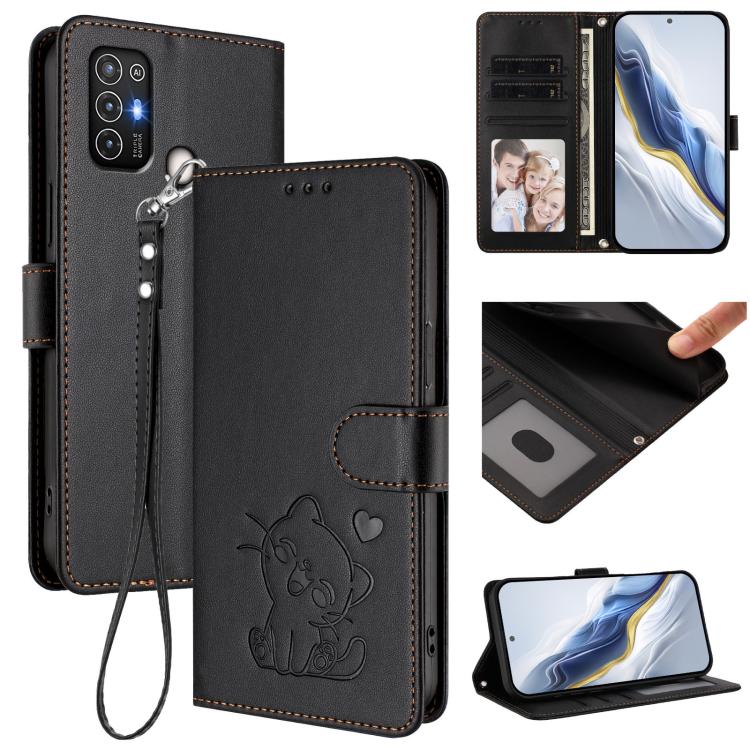 Embossed Heart Cat Leather Phone Case with Hand Strap, For ZTE Blade A52 Lite, For ZTE Blade V40s, For ZTE Blade A52