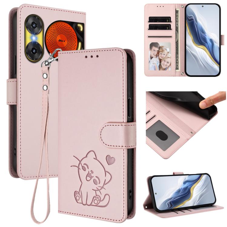 Embossed Heart Cat Leather Phone Case with Hand Strap, For ZTE Blade A36 4G, For ZTE Blade A56 4G, For ZTE nubia Neo 3, For ZTE nubia RedMagic 10 Air, For ZTE Kantan Sumaho 4 A402ZT, For ZTE Blade V60 4G / Axon 60 4G, For ZTE Blade A35e                ...