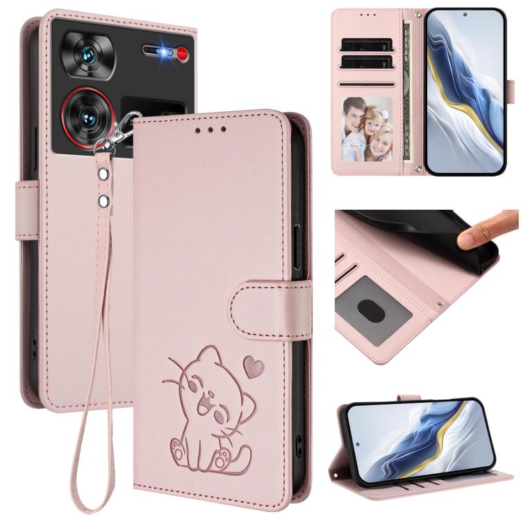 Embossed Heart Cat Leather Phone Case with Hand Strap, For ZTE Blade A75 4G, For ZTE Blade A35 / A55, For ZTE nubia Focus Pro 5G, For ZTE nubia Z60 Ultra, For ZTE Blade A73 5G, For ZTE Blade A73 4G, For ZTE Blade V50 Vita, For ZTE Blade A53 / A53+     ...