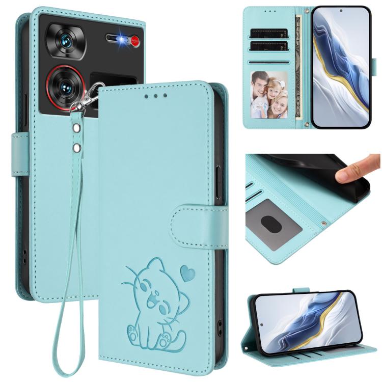 Embossed Heart Cat Leather Phone Case with Hand Strap, For ZTE Blade A75 4G, For ZTE Blade A35 / A55, For ZTE nubia Focus Pro 5G, For ZTE nubia Z60 Ultra, For ZTE Blade A73 5G, For ZTE Blade A73 4G, For ZTE Blade V50 Vita, For ZTE Blade A53 / A53+     ...