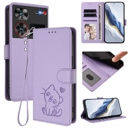 Embossed Heart Cat Leather Phone Case with Hand Strap, For ZTE Blade A75 4G, For ZTE Blade A35 / A55, For ZTE nubia Focus Pro 5G, For ZTE nubia Z60 Ultra, For ZTE Blade A73 5G, For ZTE Blade A73 4G, For ZTE Blade V50 Vita, For ZTE Blade A53 / A53+     ...