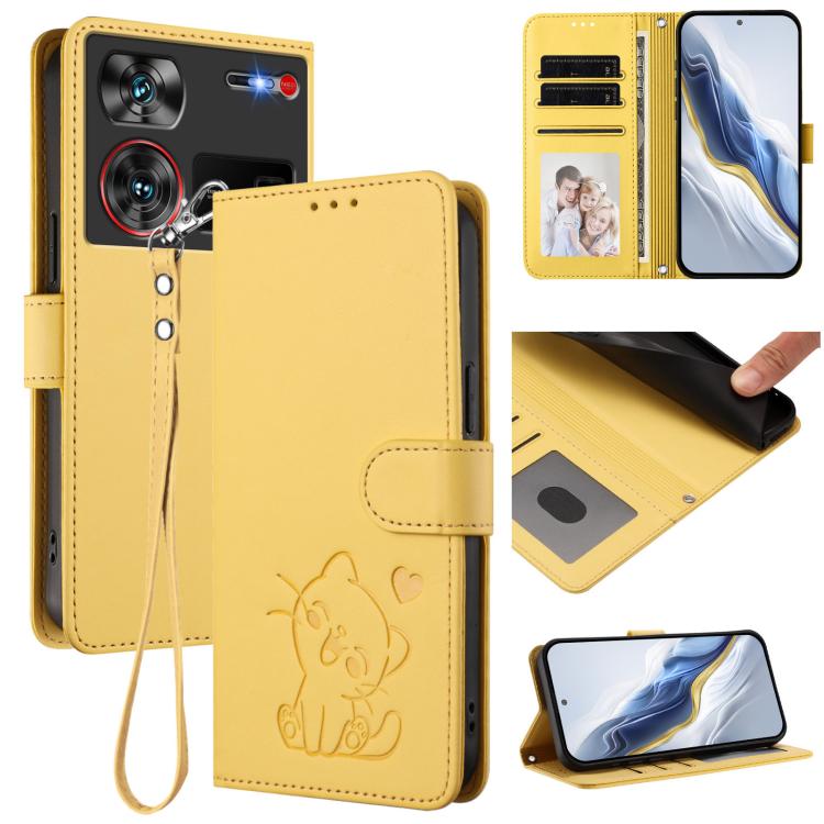 Embossed Heart Cat Leather Phone Case with Hand Strap, For ZTE Blade A75 4G, For ZTE Blade A35 / A55, For ZTE nubia Focus Pro 5G, For ZTE nubia Z60 Ultra, For ZTE Blade A73 5G, For ZTE Blade A73 4G, For ZTE Blade V50 Vita, For ZTE Blade A53 / A53+     ...