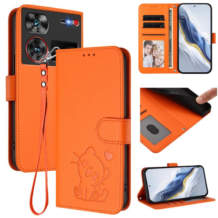 Embossed Heart Cat Leather Phone Case with Hand Strap, For ZTE Blade A75 4G, For ZTE Blade A35 / A55, For ZTE nubia Focus Pro 5G, For ZTE nubia Z60 Ultra, For ZTE Blade A73 5G, For ZTE Blade A73 4G, For ZTE Blade V50 Vita, For ZTE Blade A53 / A53+     ...