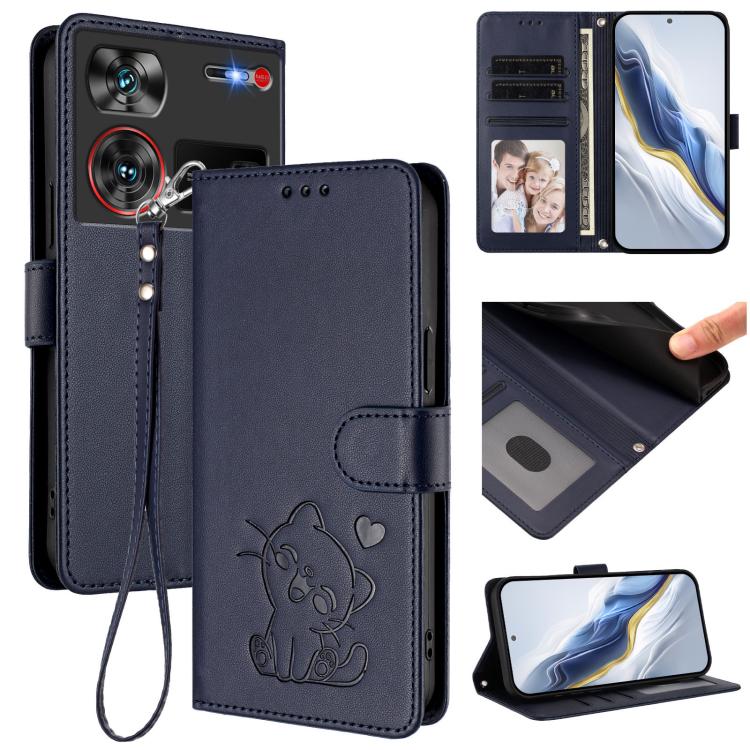Embossed Heart Cat Leather Phone Case with Hand Strap, For ZTE Blade A75 4G, For ZTE Blade A35 / A55, For ZTE nubia Focus Pro 5G, For ZTE nubia Z60 Ultra, For ZTE Blade A73 5G, For ZTE Blade A73 4G, For ZTE Blade V50 Vita, For ZTE Blade A53 / A53+     ...