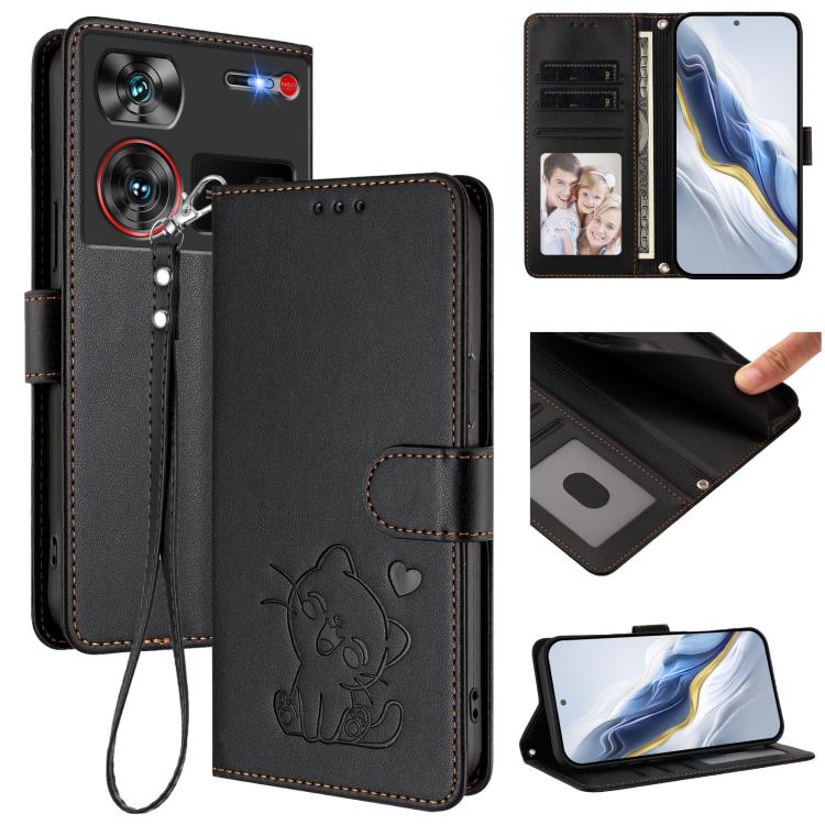 Embossed Heart Cat Leather Phone Case with Hand Strap, For ZTE Blade A75 4G, For ZTE Blade A35 / A55, For ZTE nubia Focus Pro 5G, For ZTE nubia Z60 Ultra, For ZTE Blade A73 5G, For ZTE Blade A73 4G, For ZTE Blade V50 Vita, For ZTE Blade A53 / A53+     ...