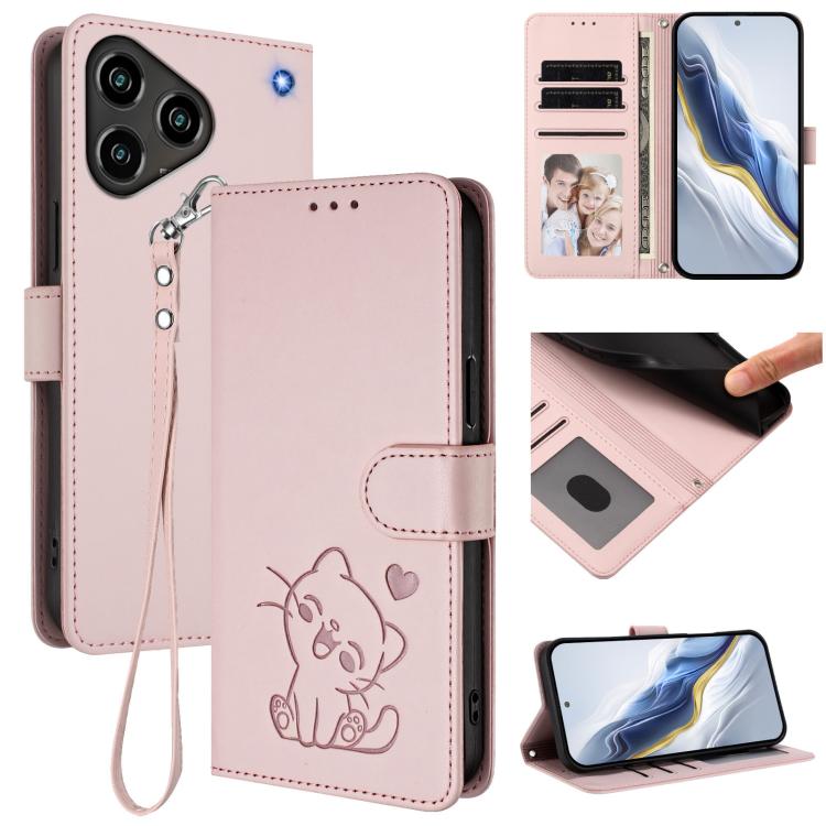 Embossed Heart Cat Leather Phone Case with Hand Strap, For ZTE nubia Neo 5 5G, For ZTE nubia Neo 5 GT 5G, For ZTE nubia P7 Pro 5G / Optus X Value 5G, For ZTE nubia P9 Pro 5G / Optus X Pro 2 5G, For ZTE nubia RedMagic 11 Air                             ...