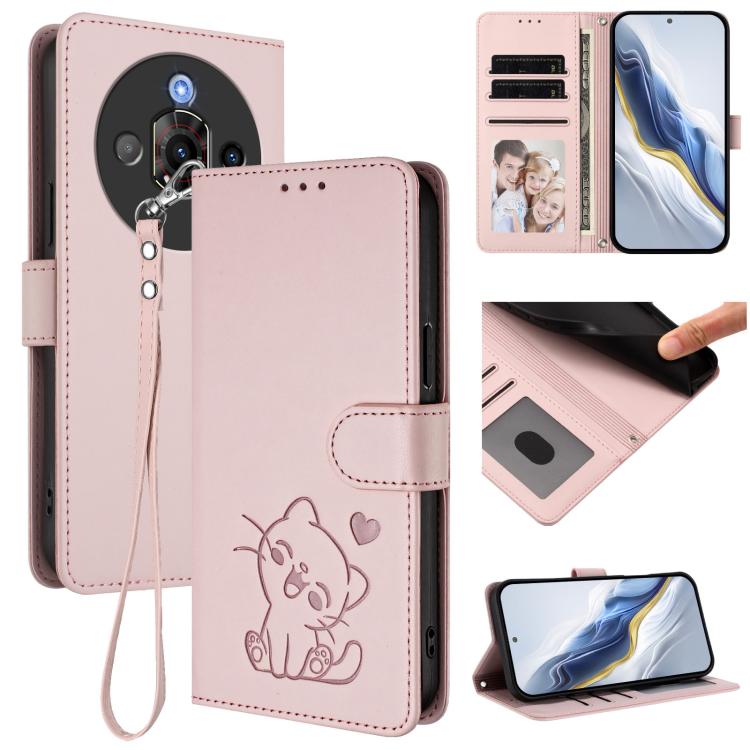 Embossed Heart Cat Leather Phone Case with Hand Strap, For ZTE Blade A75 4G, For ZTE Blade A35 / A55, For ZTE nubia Focus Pro 5G, For ZTE nubia Z60 Ultra, For ZTE Blade A73 5G, For ZTE Blade A73 4G, For ZTE Blade V50 Vita, For ZTE Blade A53 / A53+     ...