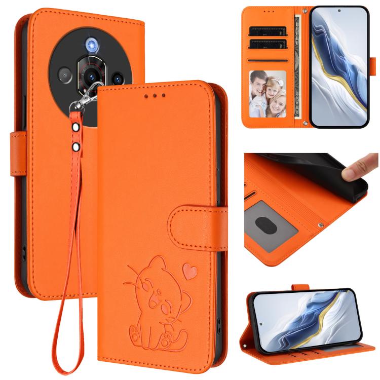 Embossed Heart Cat Leather Phone Case with Hand Strap, For ZTE Blade A75 4G, For ZTE Blade A35 / A55, For ZTE nubia Focus Pro 5G, For ZTE nubia Z60 Ultra, For ZTE Blade A73 5G, For ZTE Blade A73 4G, For ZTE Blade V50 Vita, For ZTE Blade A53 / A53+     ...