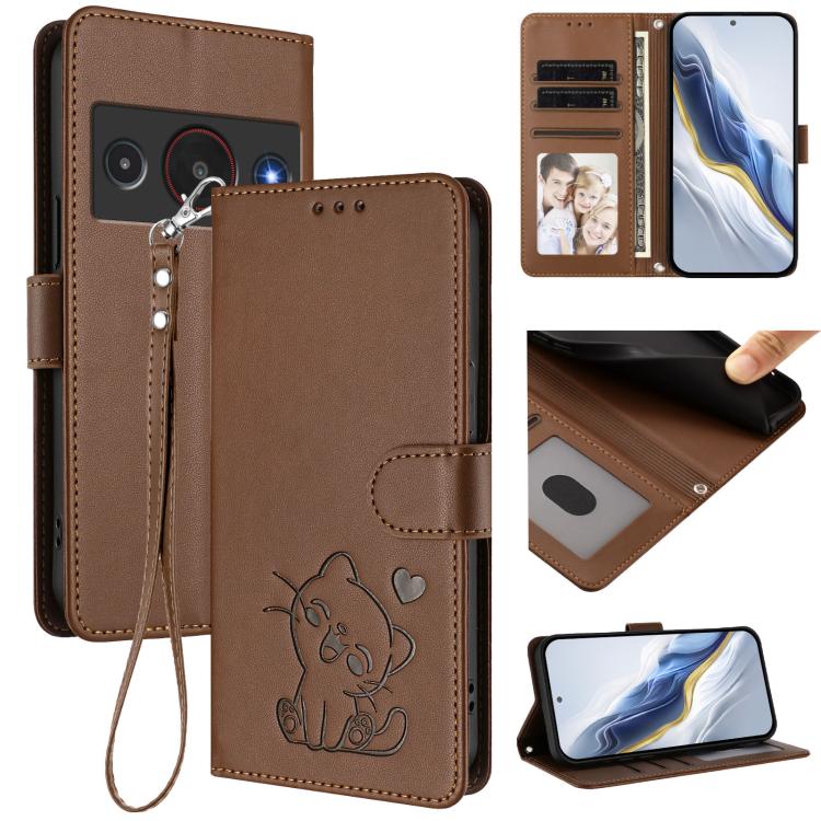 Embossed Heart Cat Leather Phone Case with Hand Strap, For ZTE nubia Neo 5 5G, For ZTE nubia Neo 5 GT 5G, For ZTE nubia P7 Pro 5G / Optus X Value 5G, For ZTE nubia P9 Pro 5G / Optus X Pro 2 5G, For ZTE nubia RedMagic 11 Air                             ...