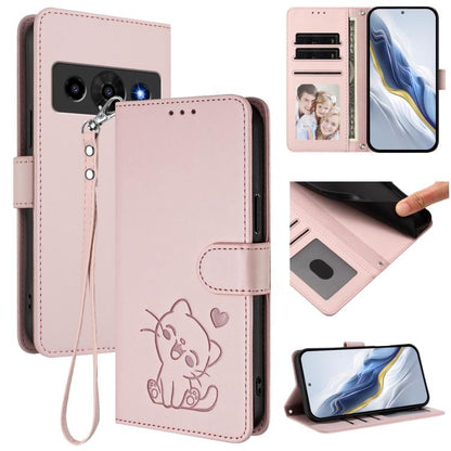 Embossed Heart Cat Leather Phone Case with Hand Strap, For ZTE nubia Neo 5 5G, For ZTE nubia Neo 5 GT 5G, For ZTE nubia P7 Pro 5G / Optus X Value 5G, For ZTE nubia P9 Pro 5G / Optus X Pro 2 5G, For ZTE nubia RedMagic 11 Air                             ...