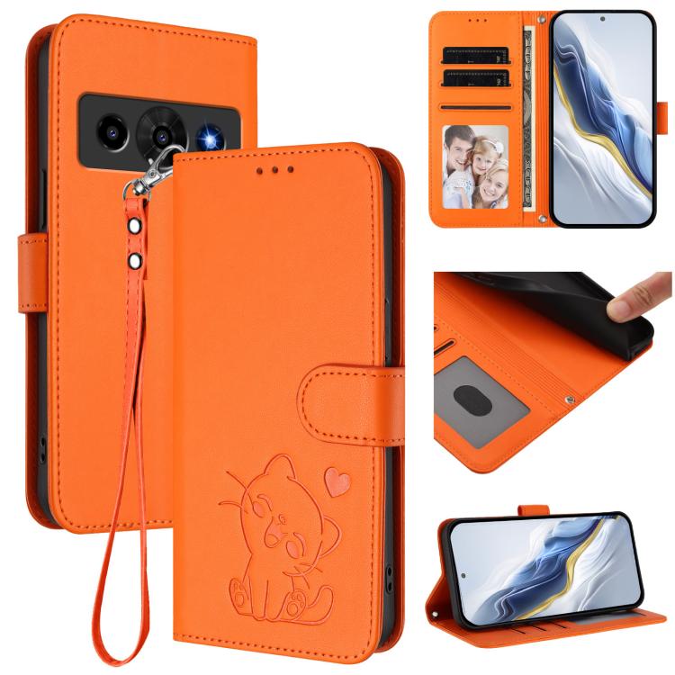 Embossed Heart Cat Leather Phone Case with Hand Strap, For ZTE nubia Neo 5 5G, For ZTE nubia Neo 5 GT 5G, For ZTE nubia P7 Pro 5G / Optus X Value 5G, For ZTE nubia P9 Pro 5G / Optus X Pro 2 5G, For ZTE nubia RedMagic 11 Air                             ...