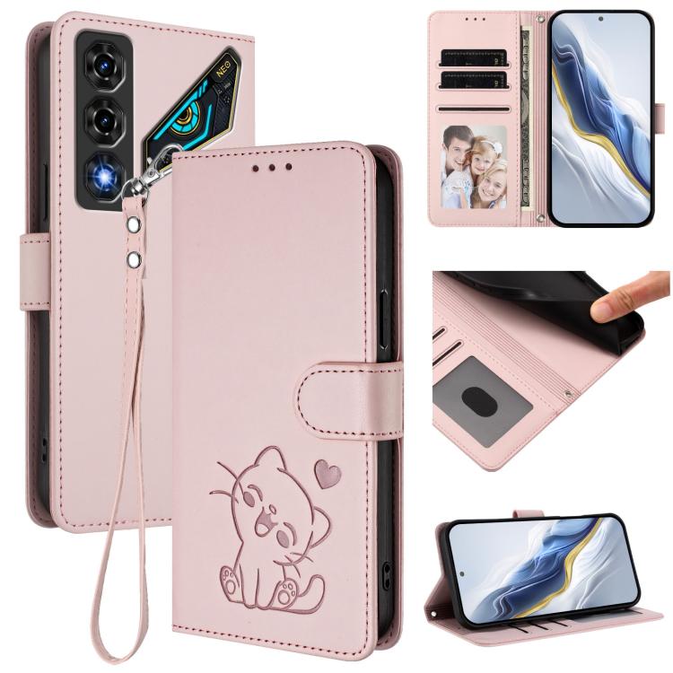 Embossed Heart Cat Leather Phone Case with Hand Strap, For ZTE nubia Neo 5 5G, For ZTE nubia Neo 5 GT 5G, For ZTE nubia P7 Pro 5G / Optus X Value 5G, For ZTE nubia P9 Pro 5G / Optus X Pro 2 5G, For ZTE nubia RedMagic 11 Air                             ...
