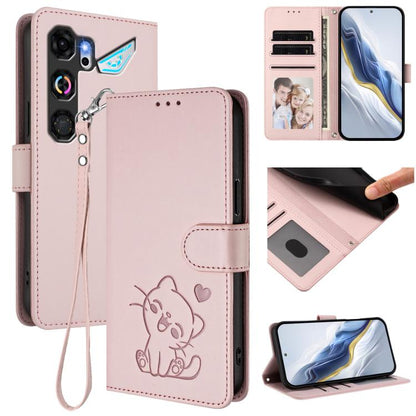 Embossed Heart Cat Leather Phone Case with Hand Strap, For ZTE nubia Neo 5 5G, For ZTE nubia Neo 5 GT 5G, For ZTE nubia P7 Pro 5G / Optus X Value 5G, For ZTE nubia P9 Pro 5G / Optus X Pro 2 5G, For ZTE nubia RedMagic 11 Air                             ...