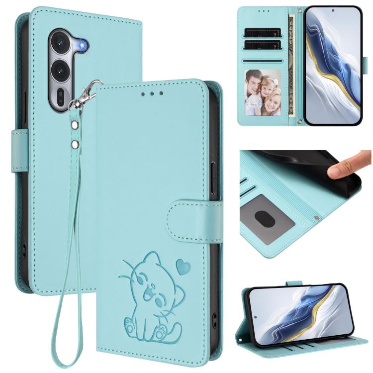 Light blue leather phone case with embossed cat and heart, hand strap, folio wallet design.