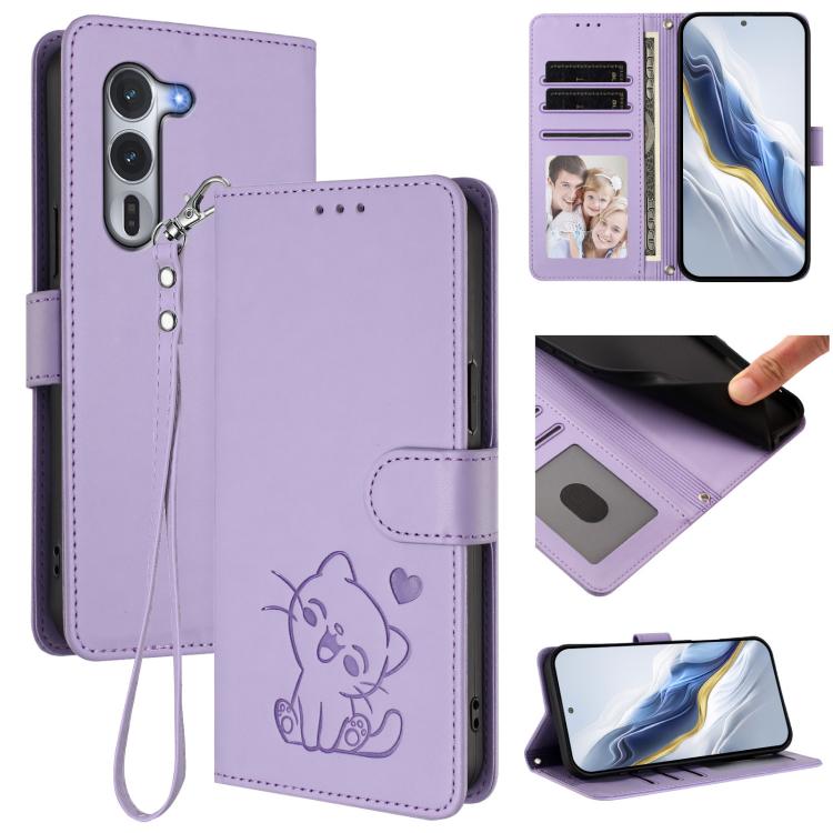 Light purple leather phone case with embossed cat and heart, hand strap, folio wallet design.
