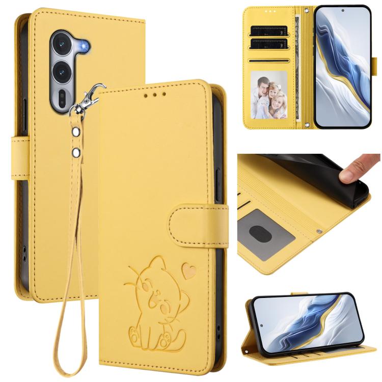 Yellow leather phone case with embossed heart cat, flip cover and wrist hand strap