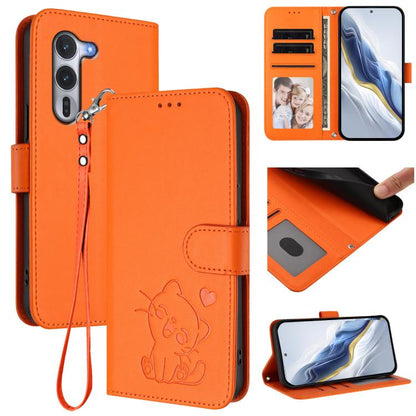 Orange leather phone case with embossed heart cat, flip cover and wrist hand strap