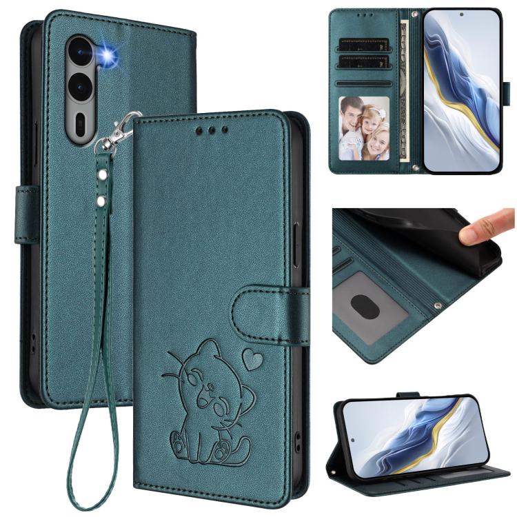 Embossed Heart Cat Leather Phone Case with Hand Strap, For Fujitsu Arrows We3, For Fujitsu Arrows Alpha F-51F, For Fujitsu FCNT RakuRaku F-53E, For Fujitsu Arrows We2, For Fujitsu Arrows We2 Plus