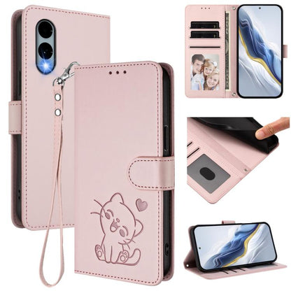 Embossed Heart Cat Leather Phone Case with Hand Strap, For Fujitsu Arrows We3, For Fujitsu Arrows Alpha F-51F, For Fujitsu FCNT RakuRaku F-53E, For Fujitsu Arrows We2, For Fujitsu Arrows We2 Plus