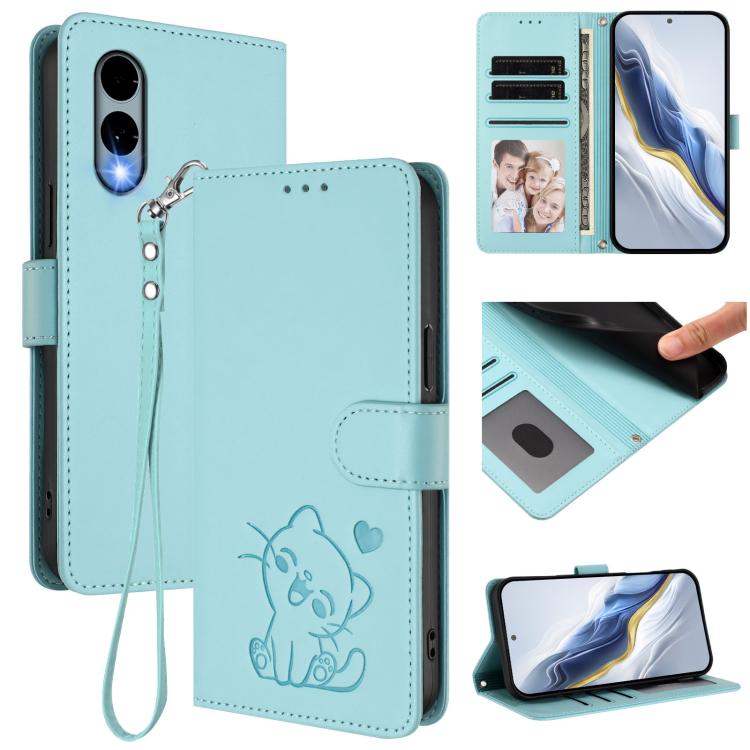 Embossed Heart Cat Leather Phone Case with Hand Strap, For Fujitsu Arrows We3, For Fujitsu Arrows Alpha F-51F, For Fujitsu FCNT RakuRaku F-53E, For Fujitsu Arrows We2, For Fujitsu Arrows We2 Plus